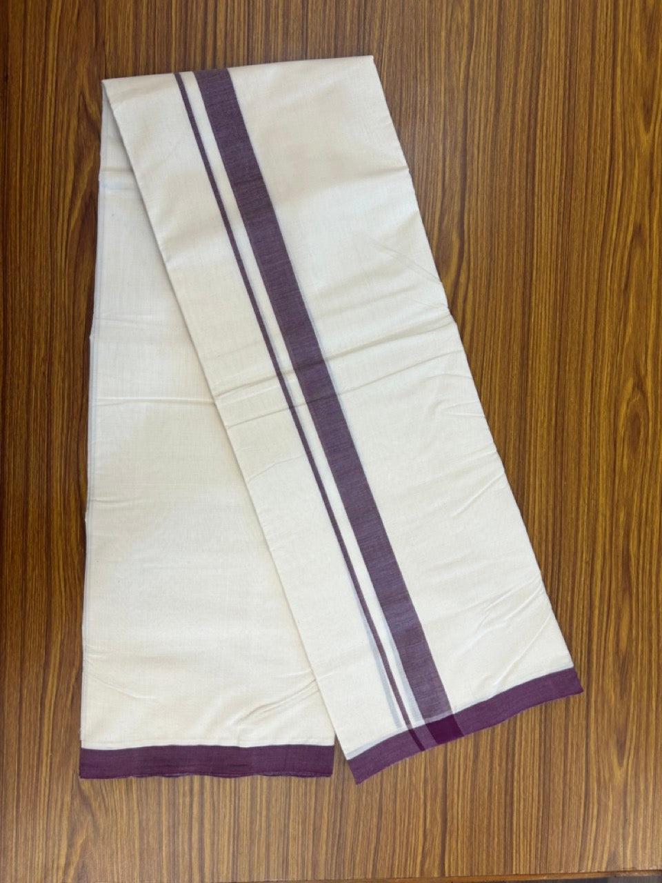 25% Discount! KaithariKada Handloom Millpaav Balaramapuram - Cotton Double Mundu/Dhoti Off white (Unbleached) - 80x90 - 1 inch Wine Purple Mulloth Kara 3.60 meter (8 Muzham) - 48 KK5256 RAM