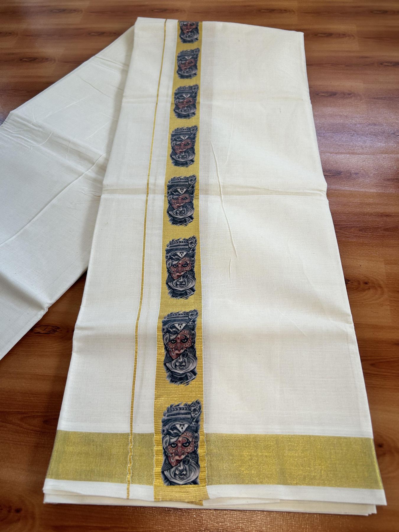 Double Off White - (Unbleached) Mundu/Dhoti- 20% Discount!! KaithariKada Balaramapuram 100% Cotton (60s) - 1.25 inch Gold Kasav Kathakali & Theyyam Printed Kara - 12 KK5415 GAN