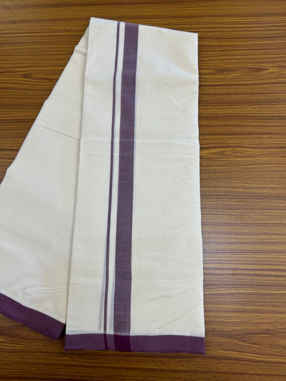25% Discount! KaithariKada Handloom Millpaav Balaramapuram - Cotton Double Mundu/Dhoti Off white (Unbleached) - 80x90 - 1 inch Wine Purple Mulloth Kara 3.60 meter (8 Muzham) - 48 KK5256 RAM