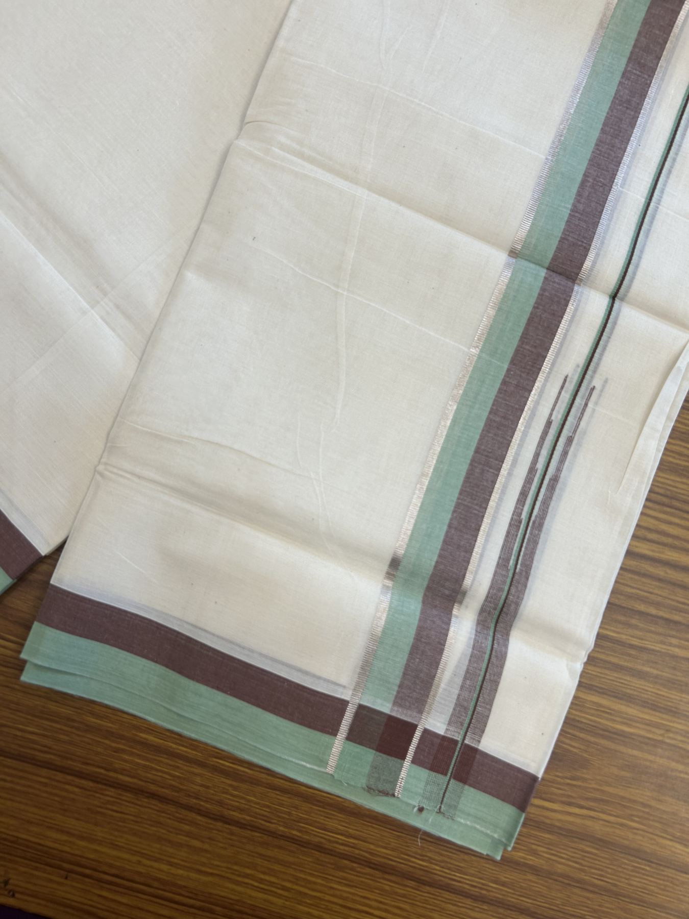 20% Discount ! Kaitharikada Balaramapuram 100% Pure Cotton Double Off white (Unbleached) Mundu/Dhoti - 100x80 - 1.5 inch Silver Kasav Brown & Pista Green Shaded Stripes Chutty Kara 3.90 mtr (8 muzham) - 49 KK5313 PMC