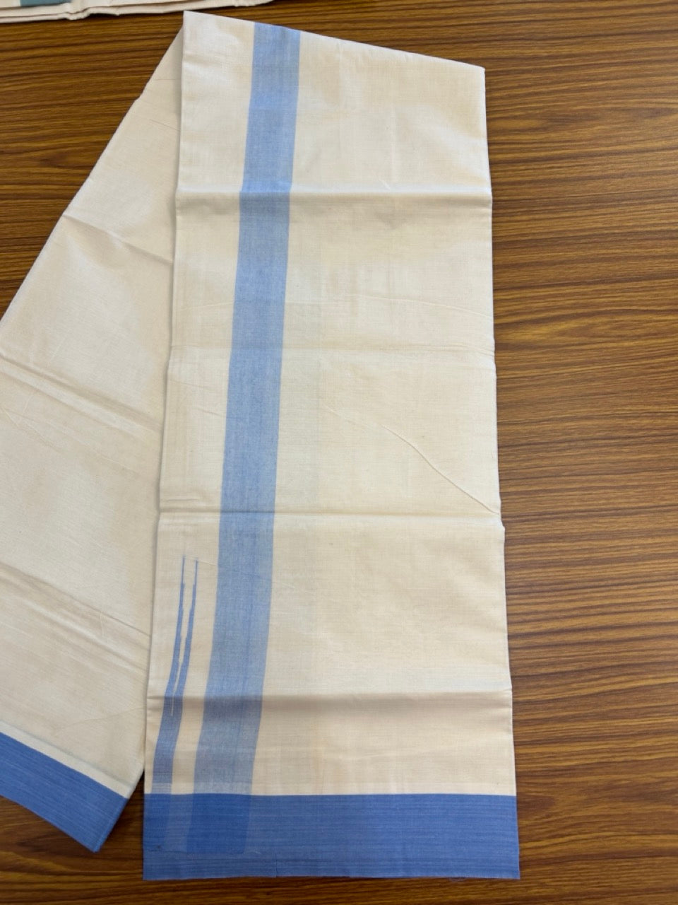 20% Discount ! KaithariKada Balaramapuram 100% Cotton Double OFF WHITE - (Unbleached) - Mundu / Dhoti- 100x80 - 1.5 inch Dark Sky Blue shaded striped chutty - 17 KK5280 VIN