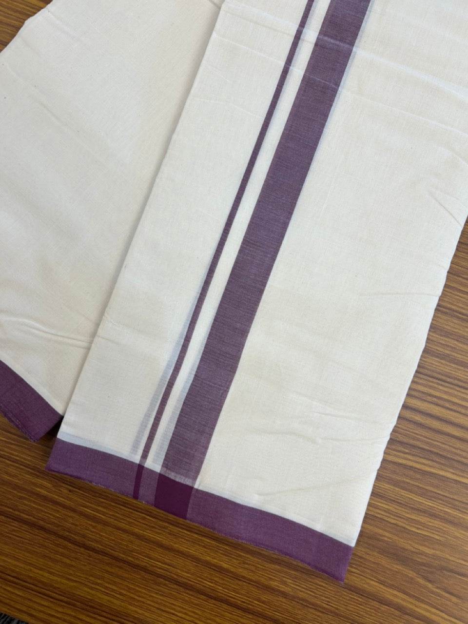 25% Discount! KaithariKada Handloom Millpaav Balaramapuram - Cotton Double Mundu/Dhoti Off white (Unbleached) - 80x90 - 1 inch Wine Purple Mulloth Kara 3.60 meter (8 Muzham) - 48 KK5256 RAM