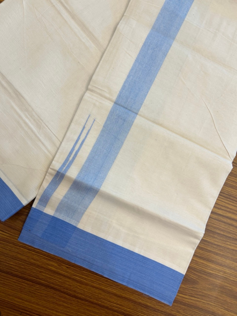 20% Discount ! KaithariKada Balaramapuram 100% Cotton Double OFF WHITE - (Unbleached) - Mundu / Dhoti- 100x80 - 1.5 inch Dark Sky Blue shaded striped chutty - 17 KK5280 VIN