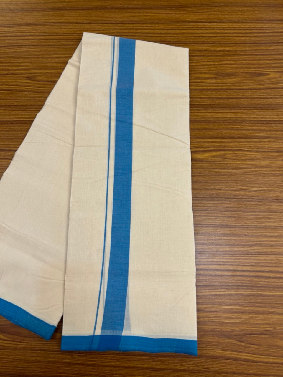 25% Discount! KaithariKada Handloom Millpaav Balaramapuram - Cotton Double Mundu/Dhoti Off white (Unbleached) - 80x90 - 1.5 inch Blue Mulloth Kara 3.60 meter (8 Muzham) - 53 KK5256 RAM
