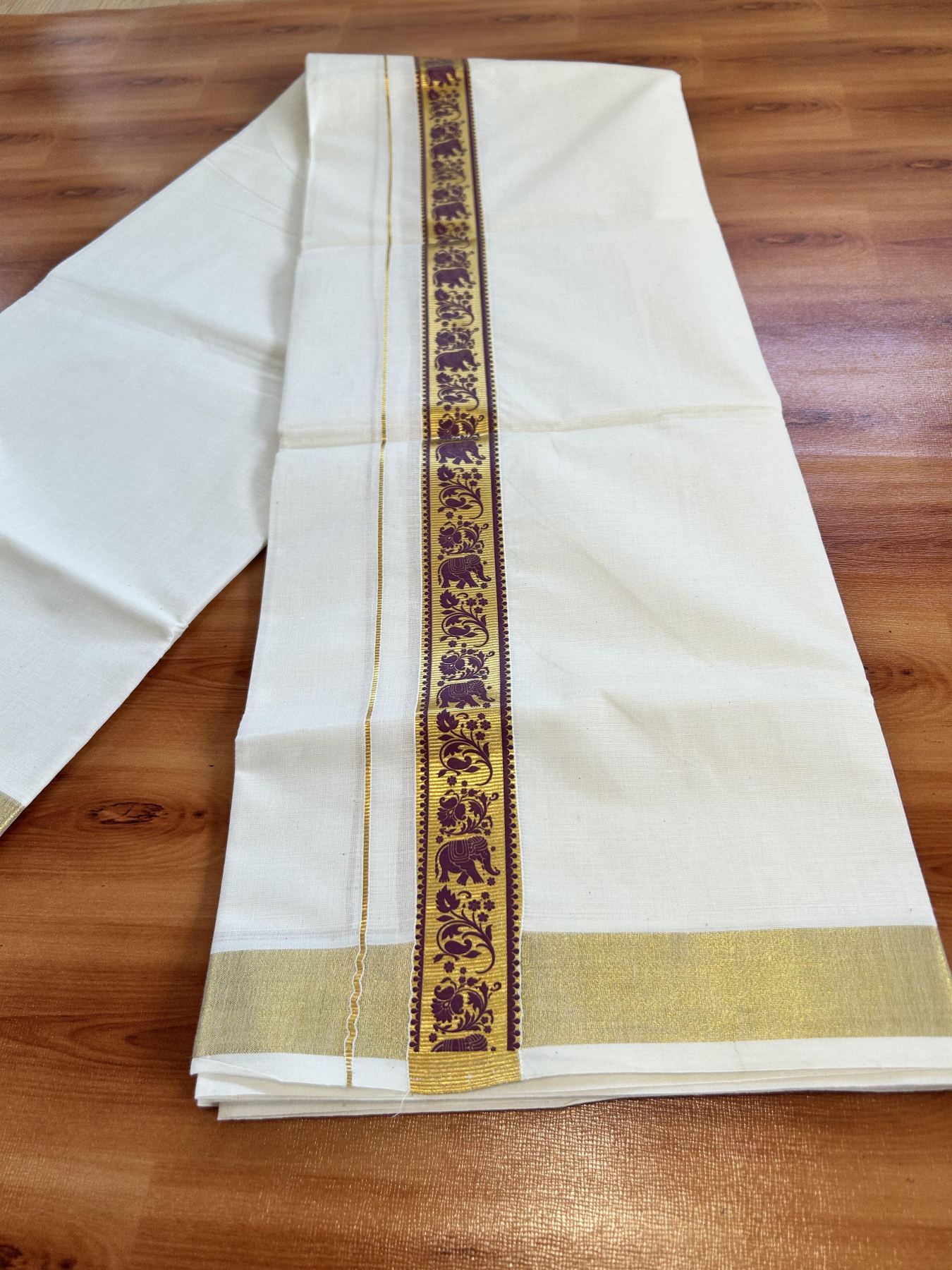 Double Off White - (Unbleached) Mundu/Dhoti- 20% Discount!! KaithariKada Balaramapuram 100% Cotton (60s) - 1.25 inch Grape Wine & Gold Kasav Elephant Printed Kara - 5 KK5415 GAN
