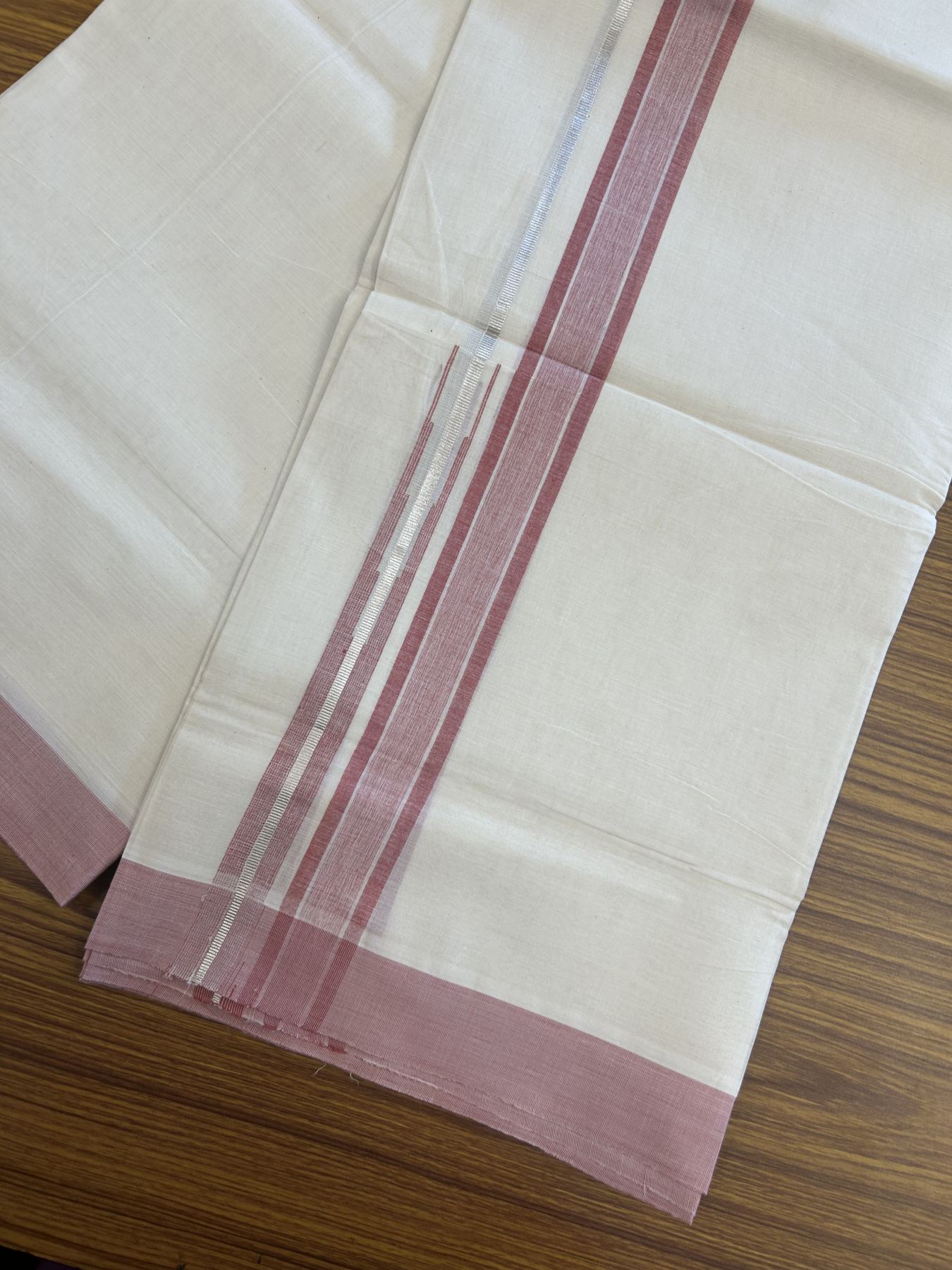 20% Discount ! Kaitharikada Balaramapuram 100% Pure Cotton Double Off white (Unbleached) Mundu/Dhoti - 100x80 - 1.5 inch Silver Kasav & Dark Peach Shaded Stripes Chutty Kara 3.90 mtr (8 muzham) - 51 KK5313 PMC