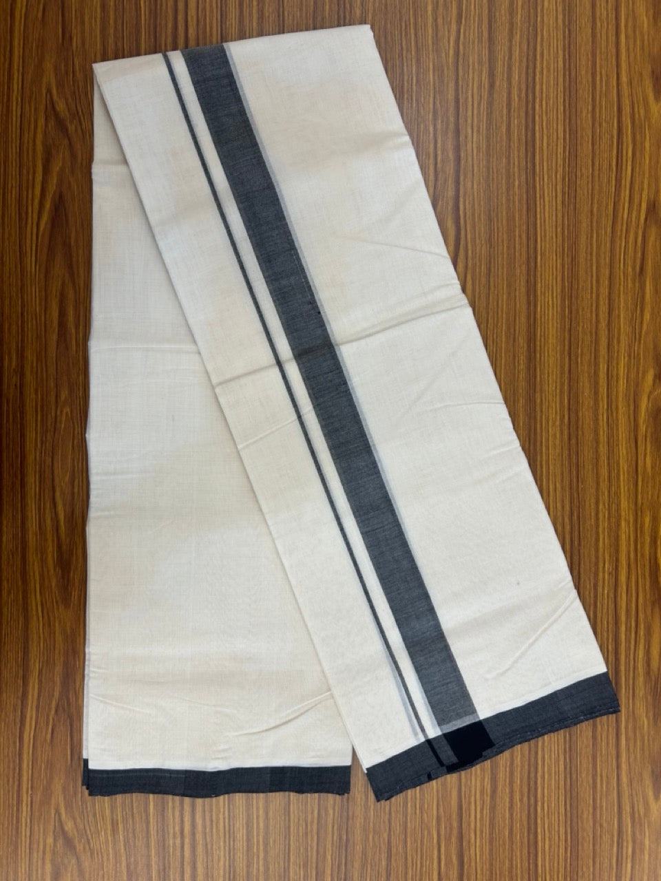 25% Discount! KaithariKada Handloom Millpaav Balaramapuram - Cotton Double Mundu/Dhoti Off white (Unbleached) - 80x90 - 1.25 inch Black Mulloth Kara 3.60 meter (8 Muzham) - 45 KK5256 RAM