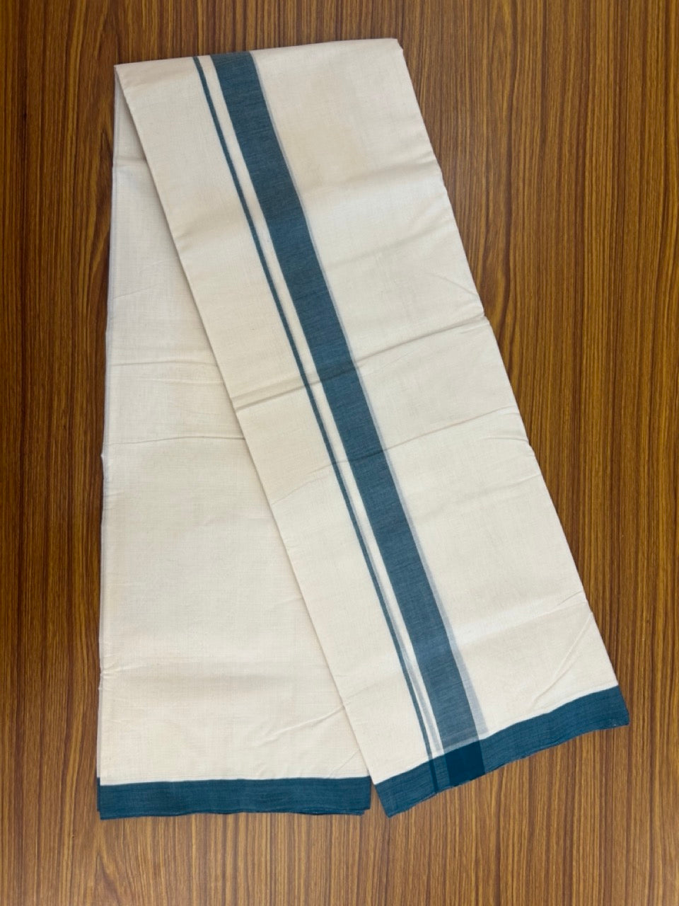 25% Discount! KaithariKada Handloom Millpaav Balaramapuram - Cotton Double Mundu/Dhoti Off white (Unbleached) - 80x90 - 1.25 inch Peacock Green Mulloth Kara 3.60 meter (8 Muzham) - 46 KK5256 RAM
