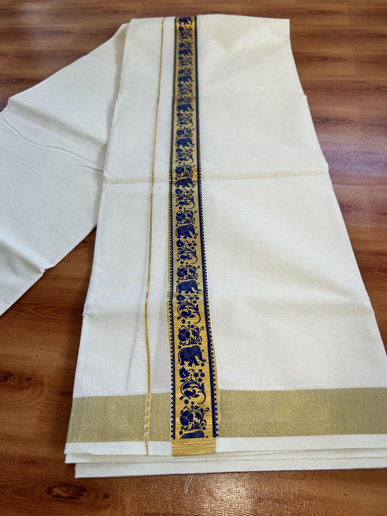 Double Off White - (Unbleached) Mundu/Dhoti- 20% Discount!! KaithariKada Balaramapuram 100% Cotton (60s) - 1.25 inch Dark Blue & Gold Kasav Elephant Printed Kara - 2 KK5415 GAN