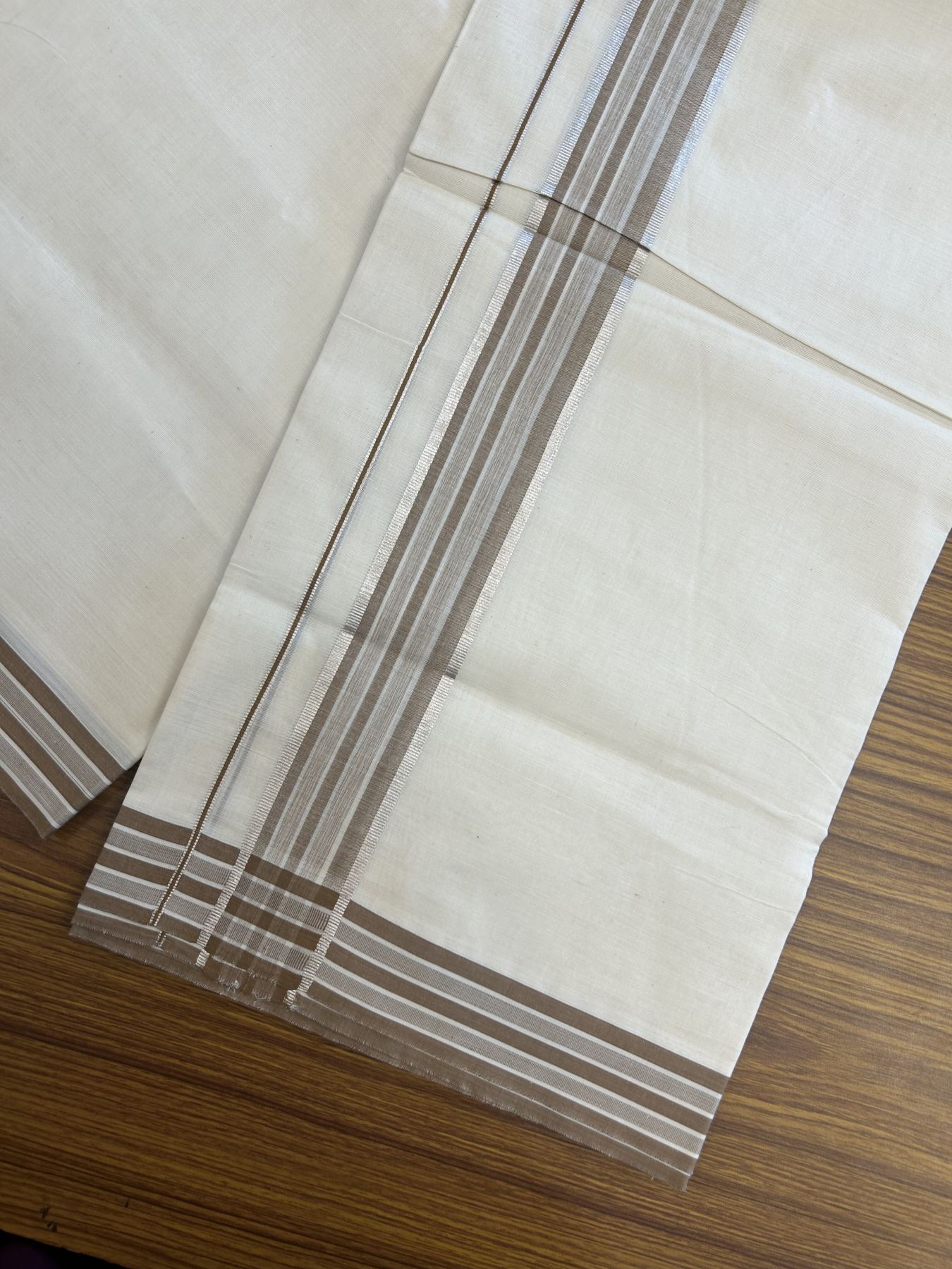 20% Discount ! Kaitharikada Balaramapuram 100% Pure Cotton Double Off white (Unbleached) Mundu/Dhoti - 100x80 - 1.75 inch Silver Kasav & Brown Shaded Stripes Kara 3.90 mtr (8 muzham) - 53 KK5313 PMC