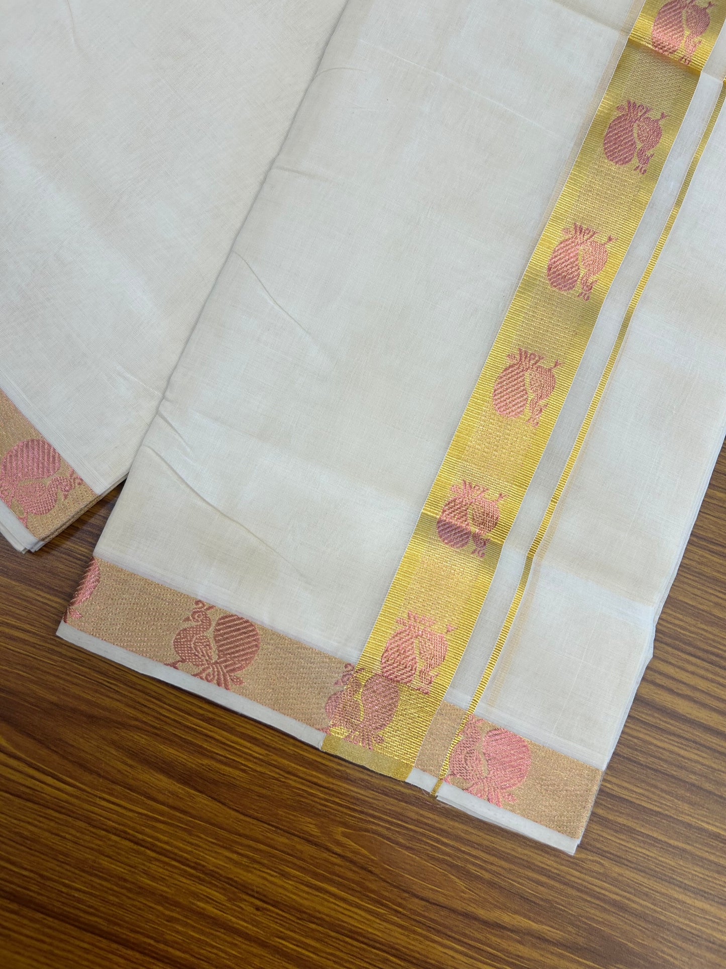 25% Discount ! KaithariKada Handloom Unakkupaav Kerala Handloom - 100% Pure Cotton Off White (Unbleached) Double Mundu/Dhoti - 100x80 - 1.5 Inch Gold kasav & Rose Gold Peacock Jaquard Design Kara 4 mtr (8.5 muzham) - 6 KK5370 ABH