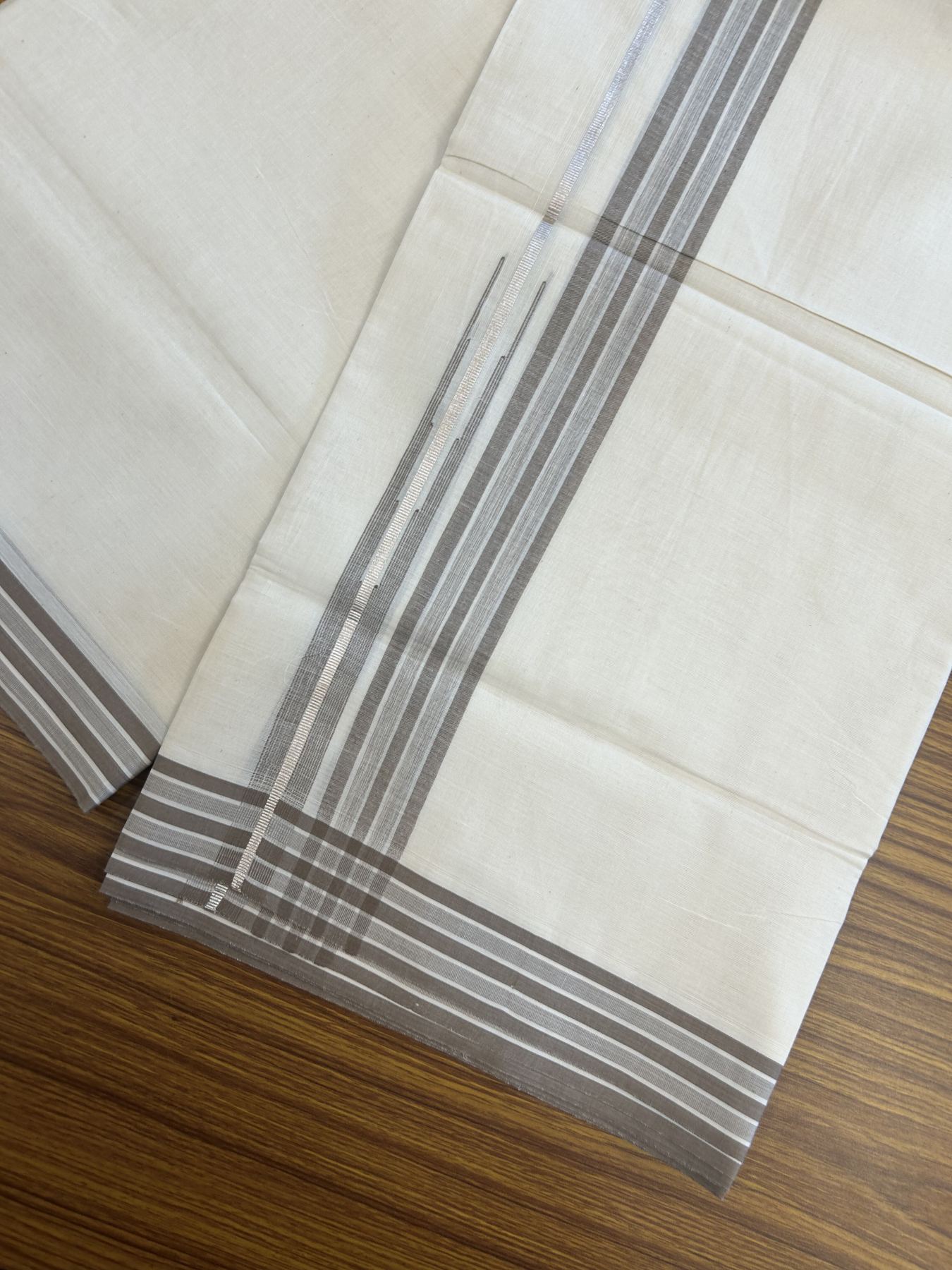 20% Discount ! Kaitharikada Balaramapuram 100% Pure Cotton Double Off white (Unbleached) Mundu/Dhoti - 100x80 - 1.25 inch Silver Kasav & Dark Brown Shaded Stripes Chutty Kara 3.90 mtr (8 muzham) - 54 KK5313 PMC