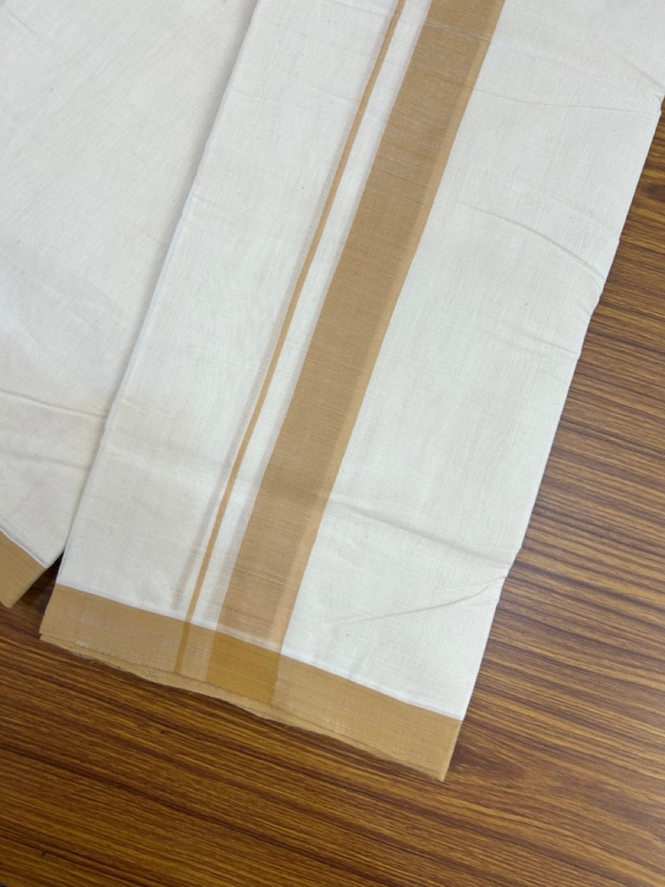25% Discount! KaithariKada Handloom Millpaav Balaramapuram - Cotton Double Mundu/Dhoti Off white (Unbleached) - 80x90 - 1.5 inch Mustard Brown Mulloth Kara 3.60 meter (8 Muzham) - 52 KK5256 RAM
