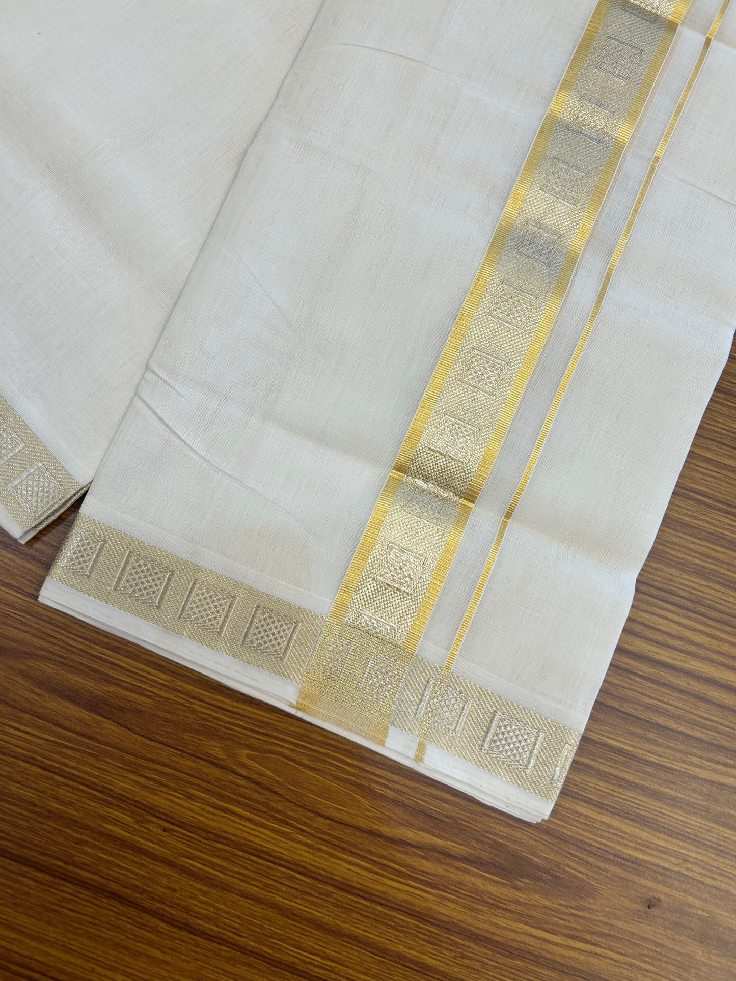 25% Discount ! KaithariKada Handloom Unakkupaav Kerala Handloom - 100% Pure Cotton Off White (Unbleached) Double Mundu/Dhoti - 100x80 - 1.5 Inch Gold kasav & Silver Kasav Design Jaquard Kara 4 mtr (8.5 muzham) - 9 KK5370 ABH