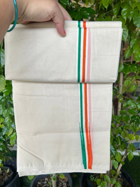 CONGRESS VESHTI - 20% DISCOUNT! KaithariKada 100% Cotton off white Double - (Unbleached) Mundu/Dhoti - 100X80 - 1 inch Puliyilakkara Orange White & Green Chutty Kara - 4KK5204 ASH