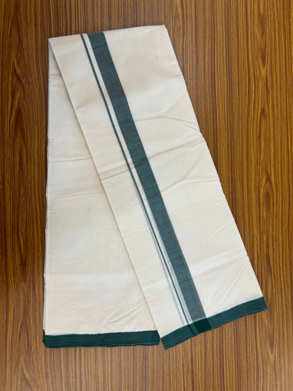 25% Discount! KaithariKada Handloom Millpaav Balaramapuram - Cotton Double Mundu/Dhoti Off white (Unbleached) - 80x90 - 1.25 inch Dark Green Mulloth Kara 3.60 meter (8 Muzham) - 44 KK5256 RAM