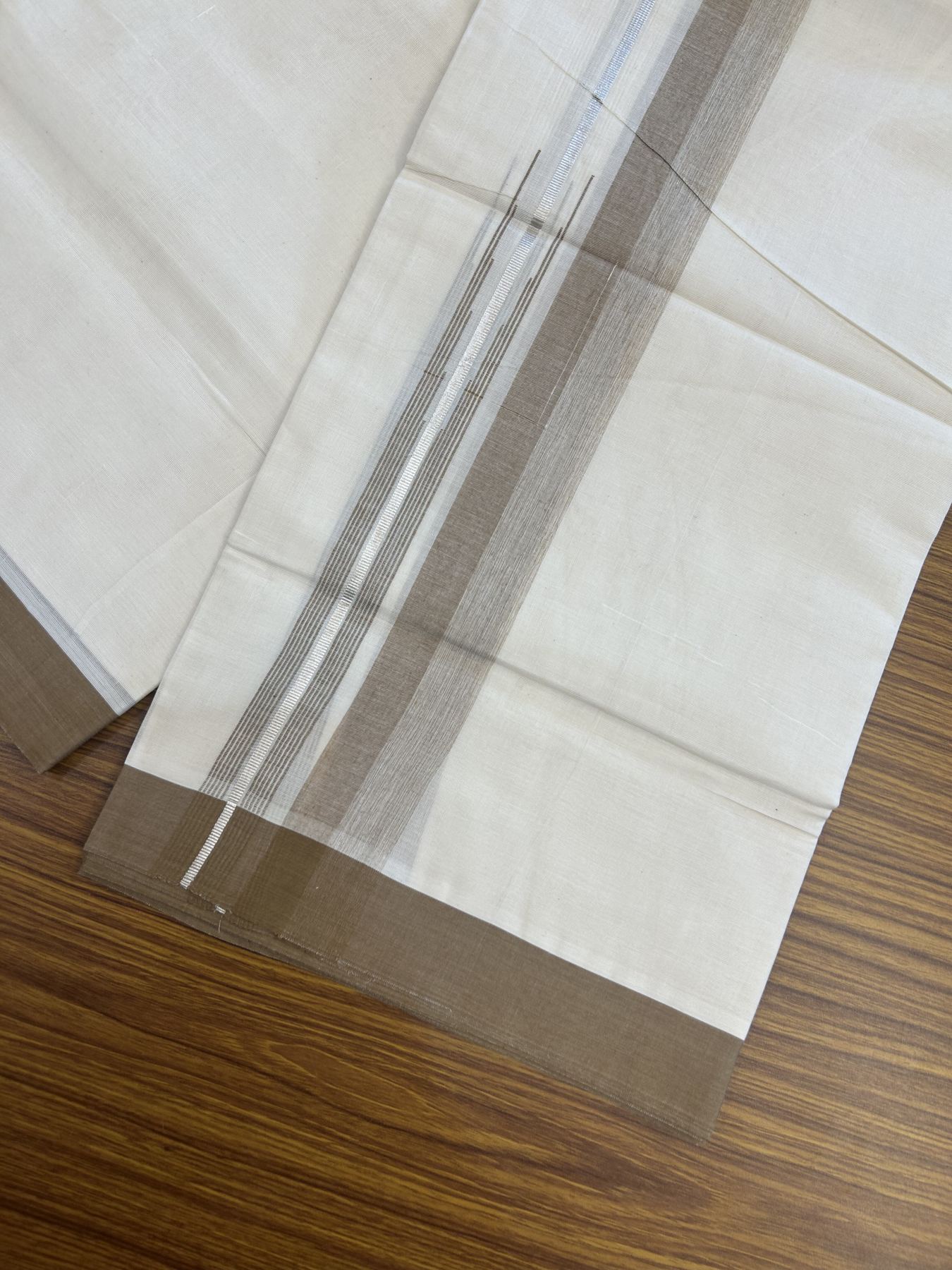 20% Discount ! Kaitharikada Balaramapuram 100% Pure Cotton Double Off white (Unbleached) Mundu/Dhoti - 100x80 - 1.5 inch Silver Kasav & Brown Shaded Stripes Chutty Kara 3.90 mtr (8 muzham) - 55 KK5313 PMC