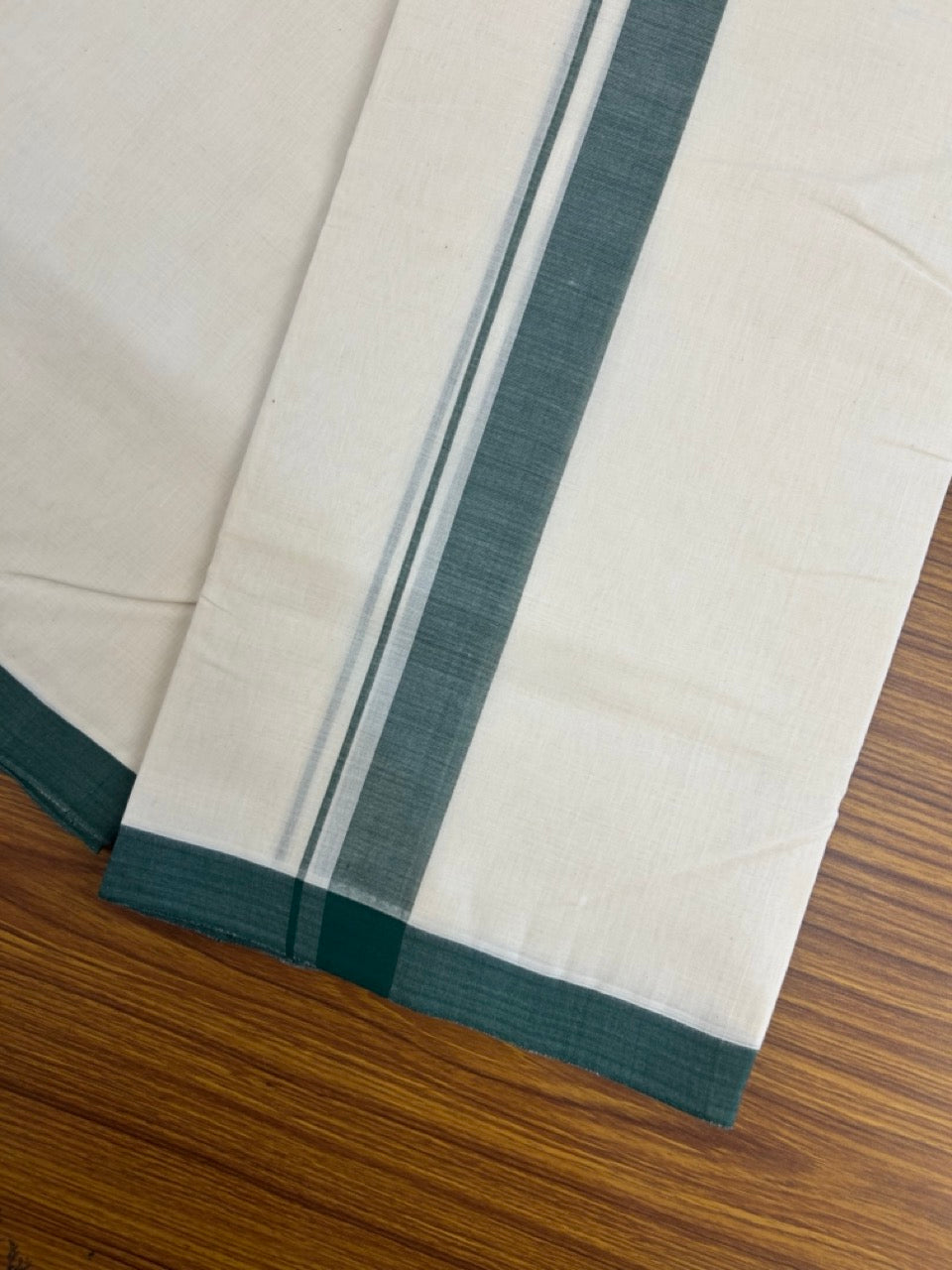 25% Discount! KaithariKada Handloom Millpaav Balaramapuram - Cotton Double Mundu/Dhoti Off white (Unbleached) - 80x90 - 1.25 inch Dark Green Mulloth Kara 3.60 meter (8 Muzham) - 44 KK5256 RAM