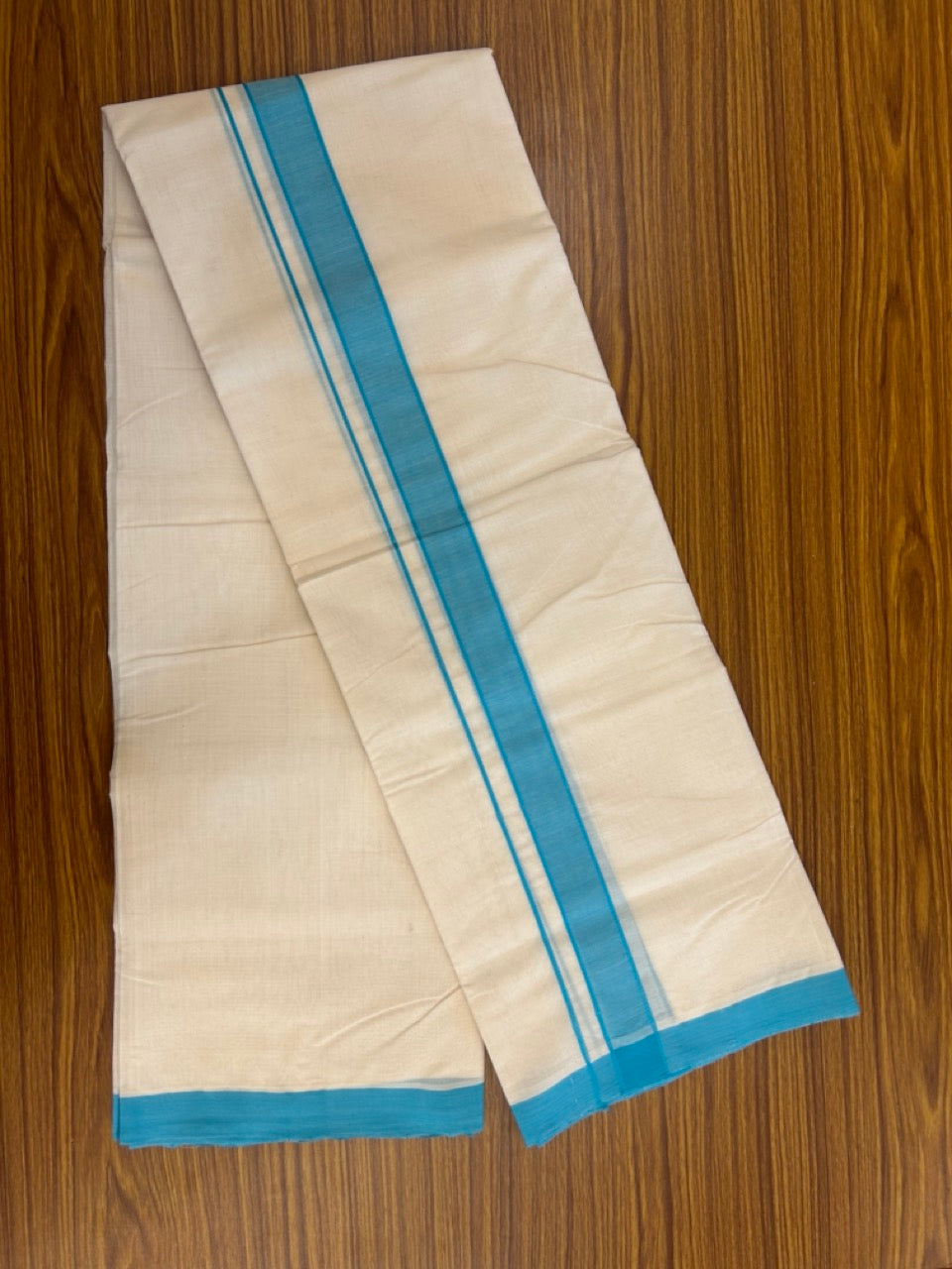 25% Discount! KaithariKada Handloom Millpaav Balaramapuram - Cotton Double Mundu/Dhoti Off white (Unbleached) - 80x90 - 1.25 inch Sky Blue Mulloth Kara 3.60 meter (8 Muzham) - 35 KK5256 RAM