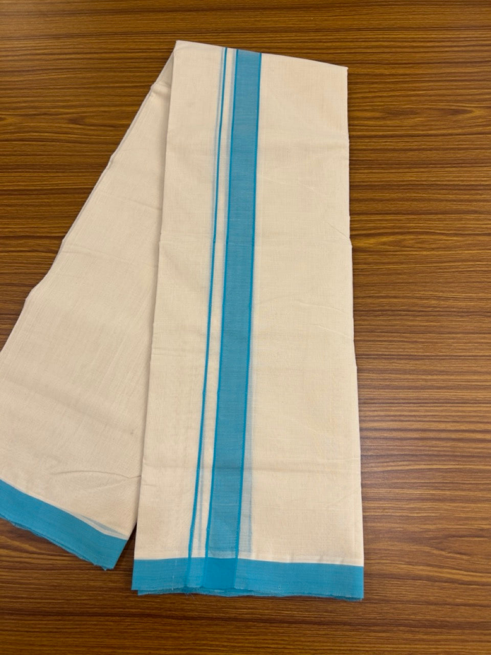 25% Discount! KaithariKada Handloom Millpaav Balaramapuram - Cotton Double Mundu/Dhoti Off white (Unbleached) - 80x90 - 1.25 inch Sky Blue Mulloth Kara 3.60 meter (8 Muzham) - 35 KK5256 RAM