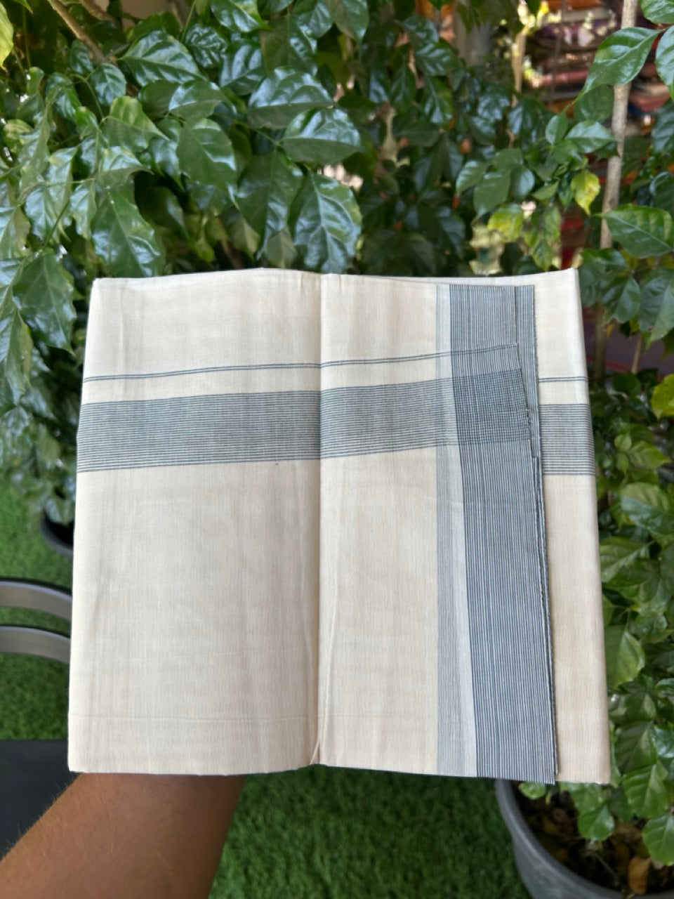 20% Discount ! KaithariKada Balaramapuram 100% Cotton Double OFF WHITE - (Unbleached) - Mundu / Dhoti- 100x80 - 1.5 inch Ash blue shaded striped kara - 7 KK5280 VIN