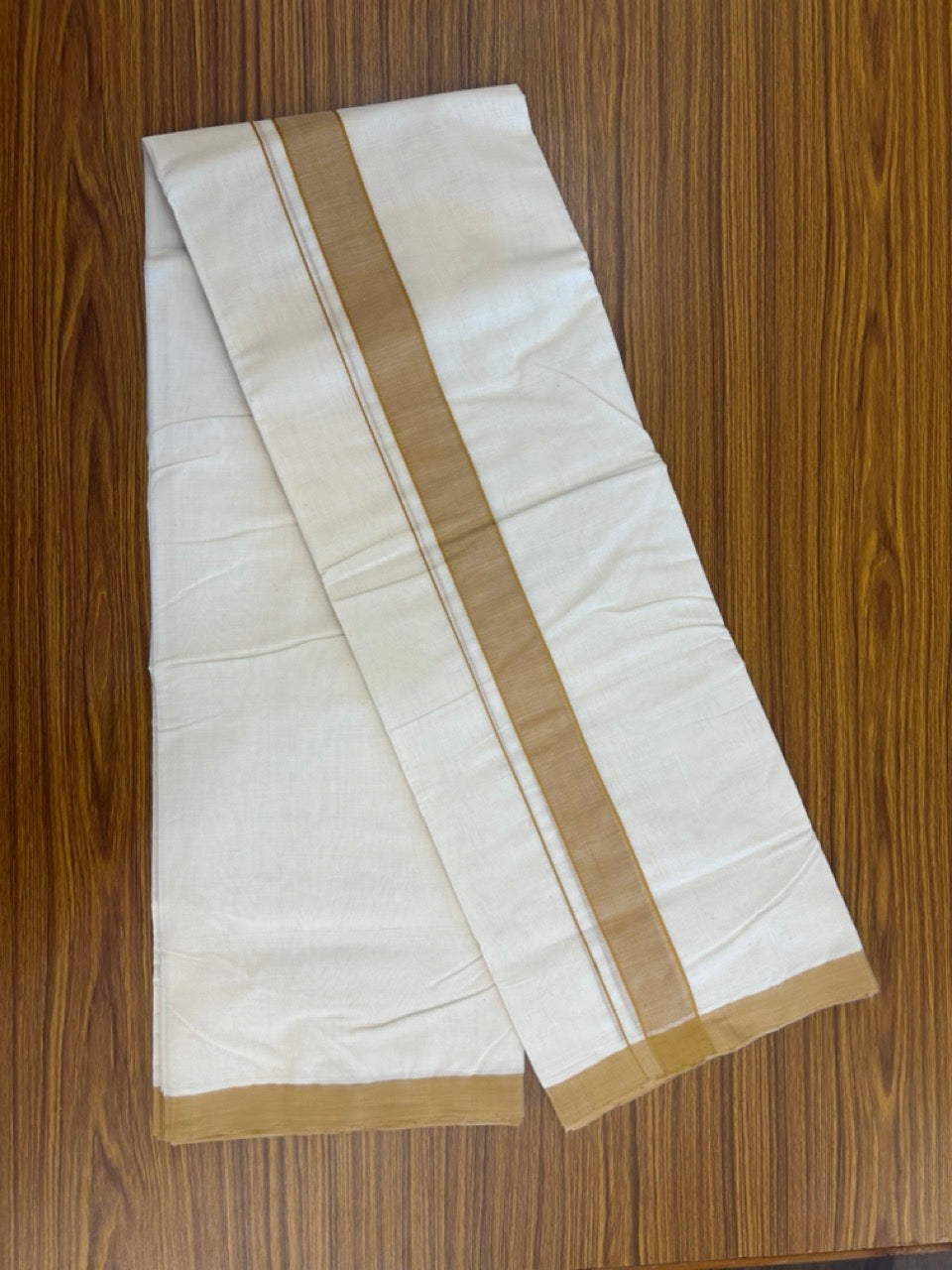 25% Discount! KaithariKada Handloom Millpaav Balaramapuram - Cotton Double Mundu/Dhoti Off white (Unbleached) - 80x90 - 1.25 inch Light Brown Mulloth Kara 3.60 meter (8 Muzham) - 39 KK5256 RAM