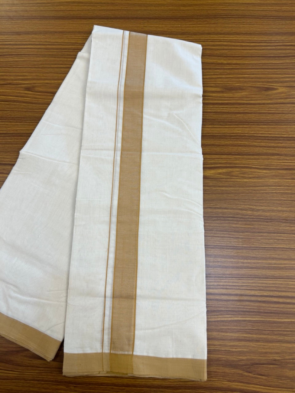 25% Discount! KaithariKada Handloom Millpaav Balaramapuram - Cotton Double Mundu/Dhoti Off white (Unbleached) - 80x90 - 1.25 inch Light Brown Mulloth Kara 3.60 meter (8 Muzham) - 39 KK5256 RAM