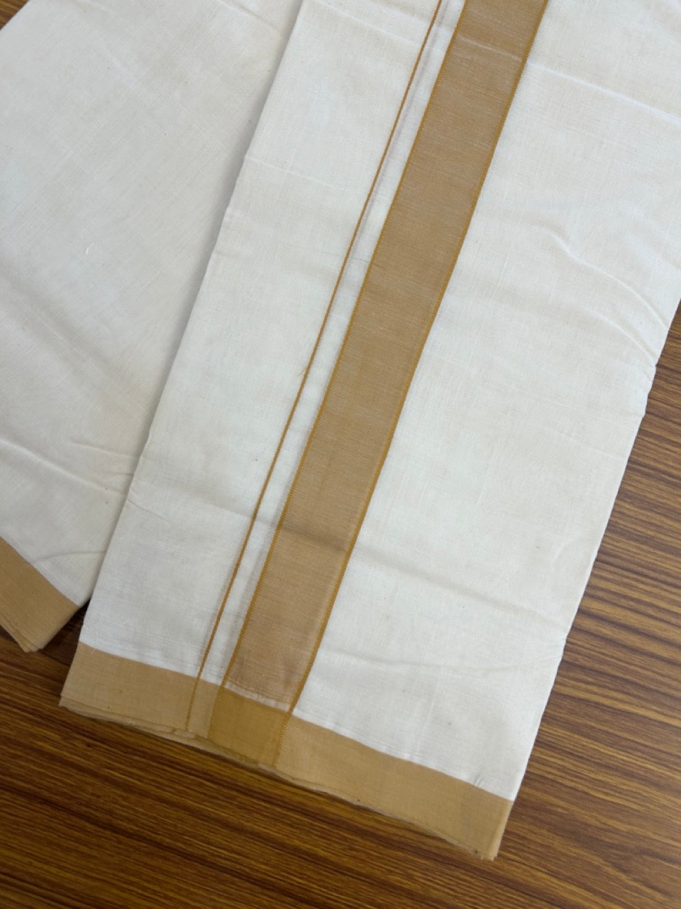 25% Discount! KaithariKada Handloom Millpaav Balaramapuram - Cotton Double Mundu/Dhoti Off white (Unbleached) - 80x90 - 1.25 inch Light Brown Mulloth Kara 3.60 meter (8 Muzham) - 39 KK5256 RAM
