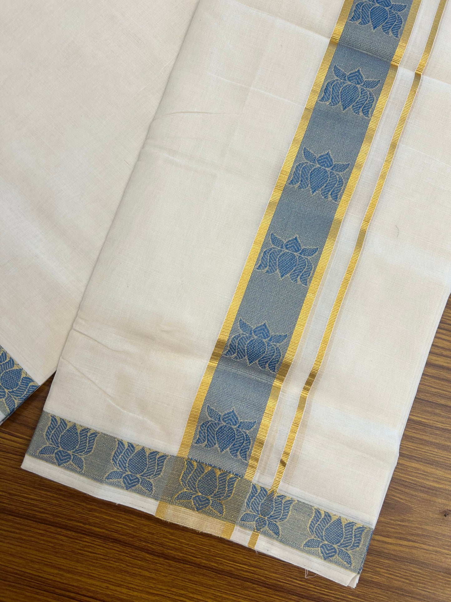 25% Discount ! KaithariKada Handloom Unakkupaav Kerala Handloom - 100% Pure Cotton Off White (Unbleached) Double Mundu/Dhoti - 100x80 - 2.25 Inch Gold kasav & Blue Lotus Jaquard Design Kara 4 mtr (8.5 muzham) - 5 KK5370 ABH