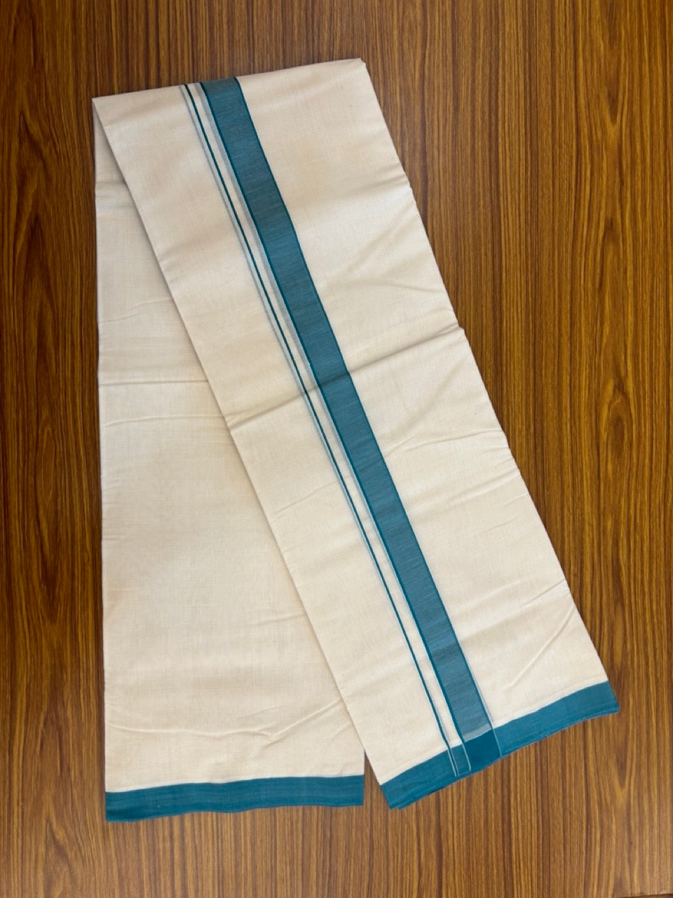 25% Discount! KaithariKada Handloom Millpaav Balaramapuram - Cotton Double Mundu/Dhoti Off white (Unbleached) - 80x90 - 1.25 inch Peacock Green Mulloth Kara 3.60 meter (8 Muzham) - 36 KK5256 RAM