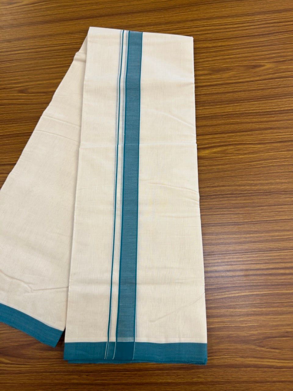 25% Discount! KaithariKada Handloom Millpaav Balaramapuram - Cotton Double Mundu/Dhoti Off white (Unbleached) - 80x90 - 1.25 inch Peacock Green Mulloth Kara 3.60 meter (8 Muzham) - 36 KK5256 RAM