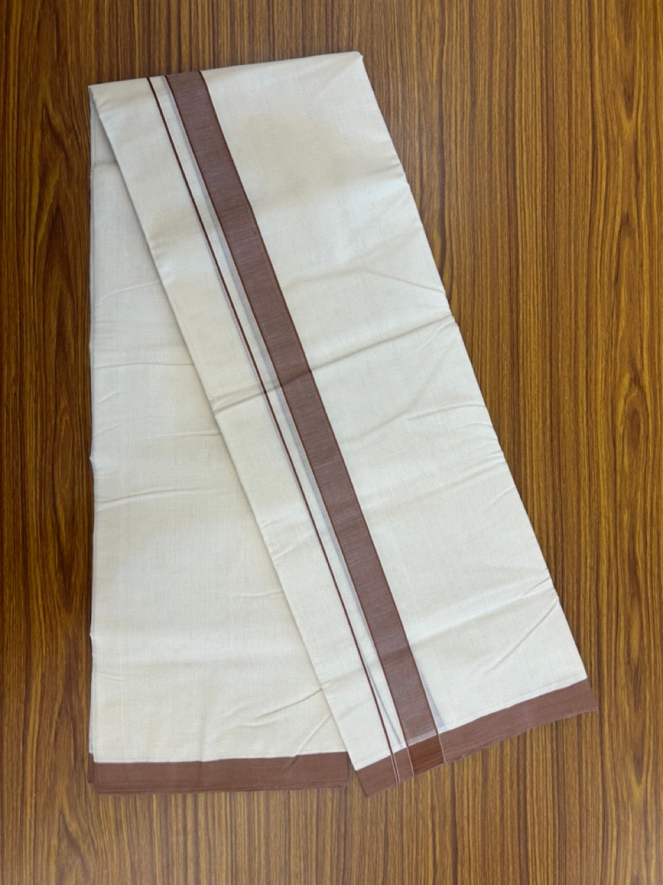 25% Discount! KaithariKada Handloom Millpaav Balaramapuram - Cotton Double Mundu/Dhoti Off white (Unbleached) - 80x90 - 1.25 inch Brown Mulloth Kara 3.60 meter (8 Muzham) - 38 KK5256 RAM