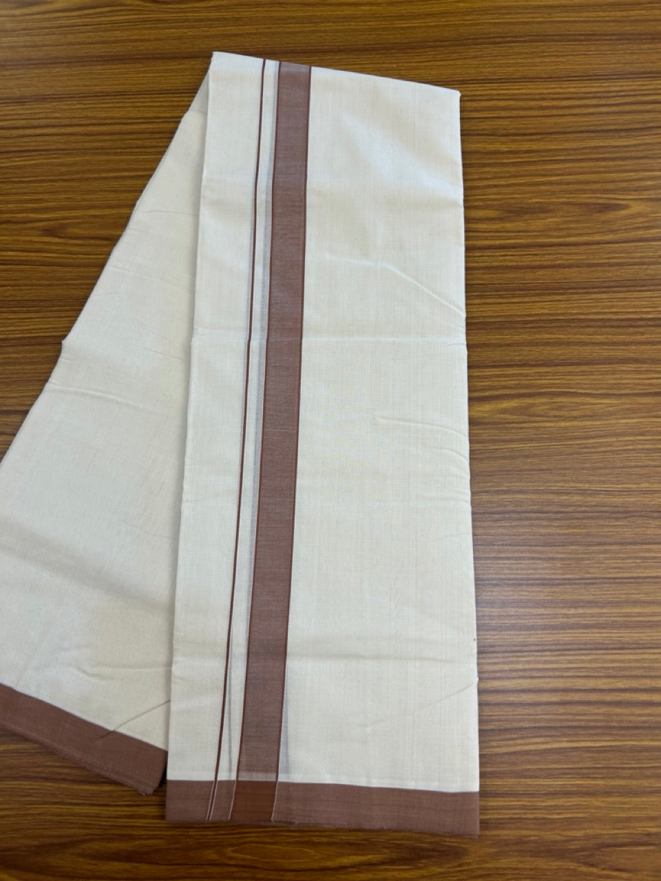 25% Discount! KaithariKada Handloom Millpaav Balaramapuram - Cotton Double Mundu/Dhoti Off white (Unbleached) - 80x90 - 1.25 inch Brown Mulloth Kara 3.60 meter (8 Muzham) - 38 KK5256 RAM