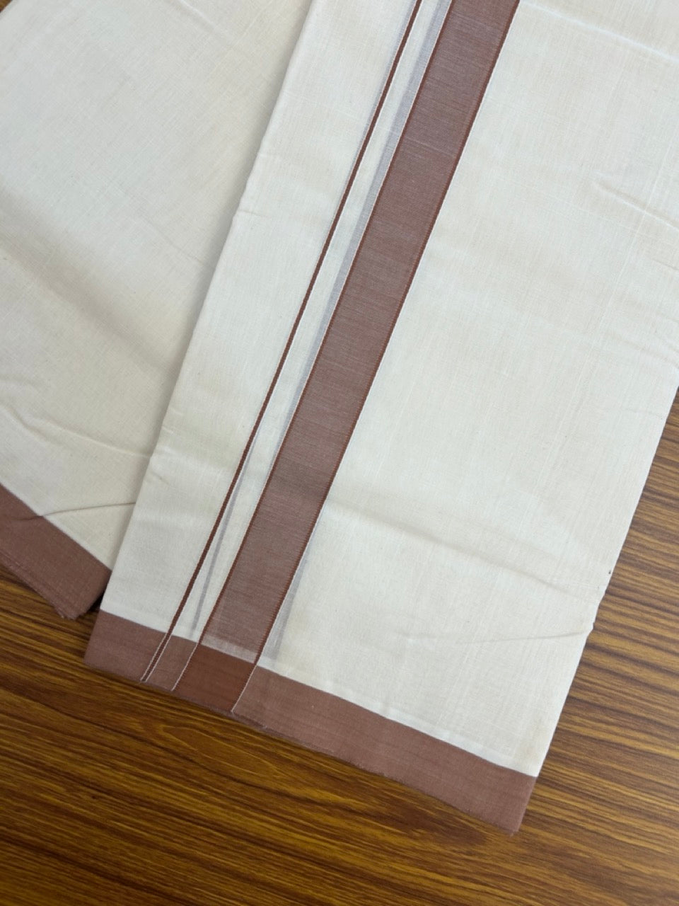 25% Discount! KaithariKada Handloom Millpaav Balaramapuram - Cotton Double Mundu/Dhoti Off white (Unbleached) - 80x90 - 1.25 inch Brown Mulloth Kara 3.60 meter (8 Muzham) - 38 KK5256 RAM