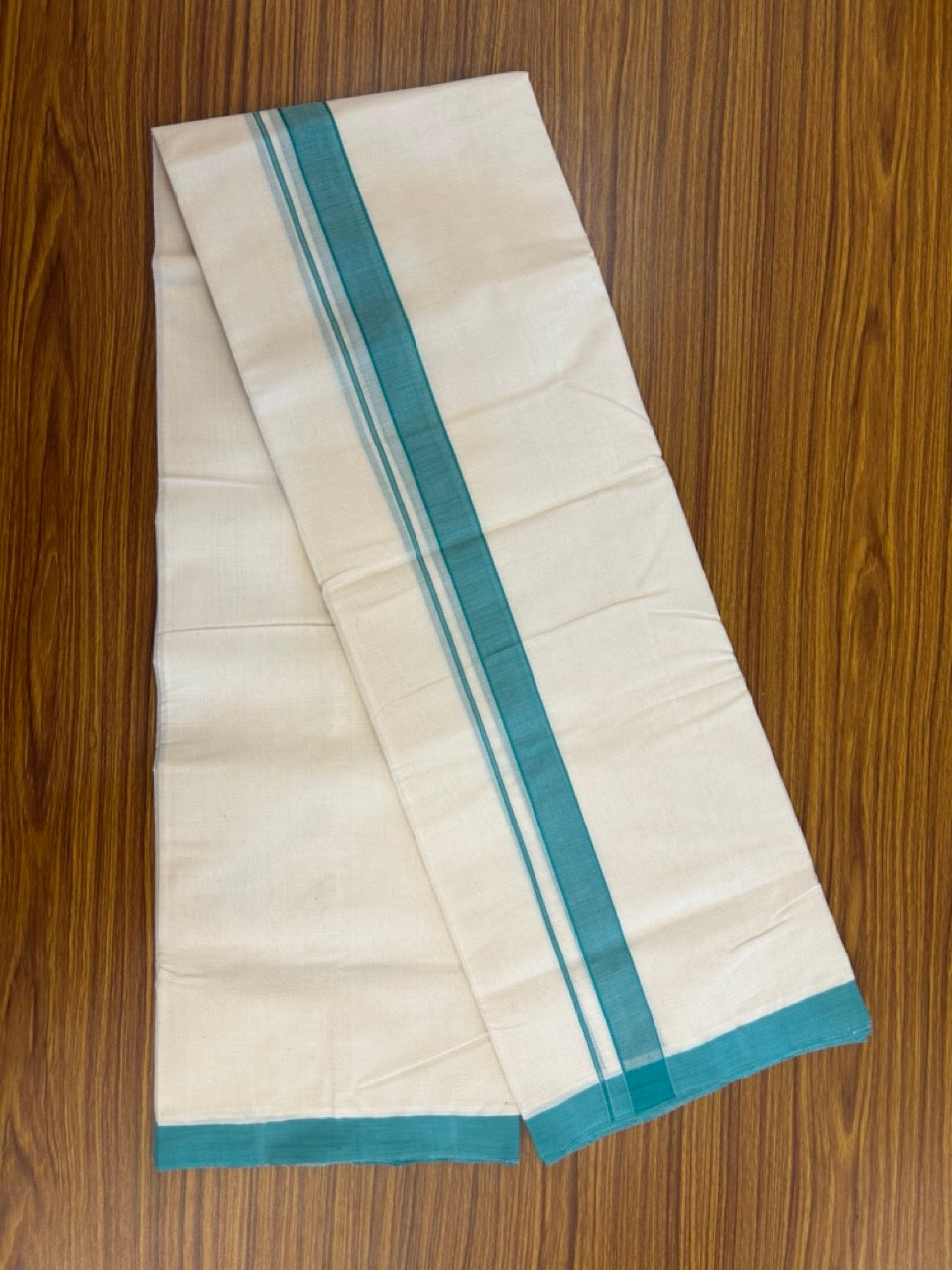 25% Discount! KaithariKada Handloom Millpaav Balaramapuram - Cotton Double Mundu/Dhoti Off white (Unbleached) - 80x90 - 1.25 inch Persian Green Mulloth Kara 3.60 meter (8 Muzham) - 37 KK5256 RAM
