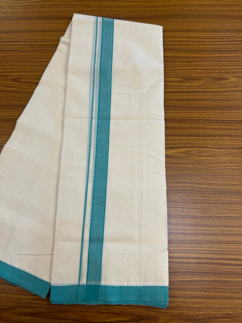 25% Discount! KaithariKada Handloom Millpaav Balaramapuram - Cotton Double Mundu/Dhoti Off white (Unbleached) - 80x90 - 1.25 inch Persian Green Mulloth Kara 3.60 meter (8 Muzham) - 37 KK5256 RAM