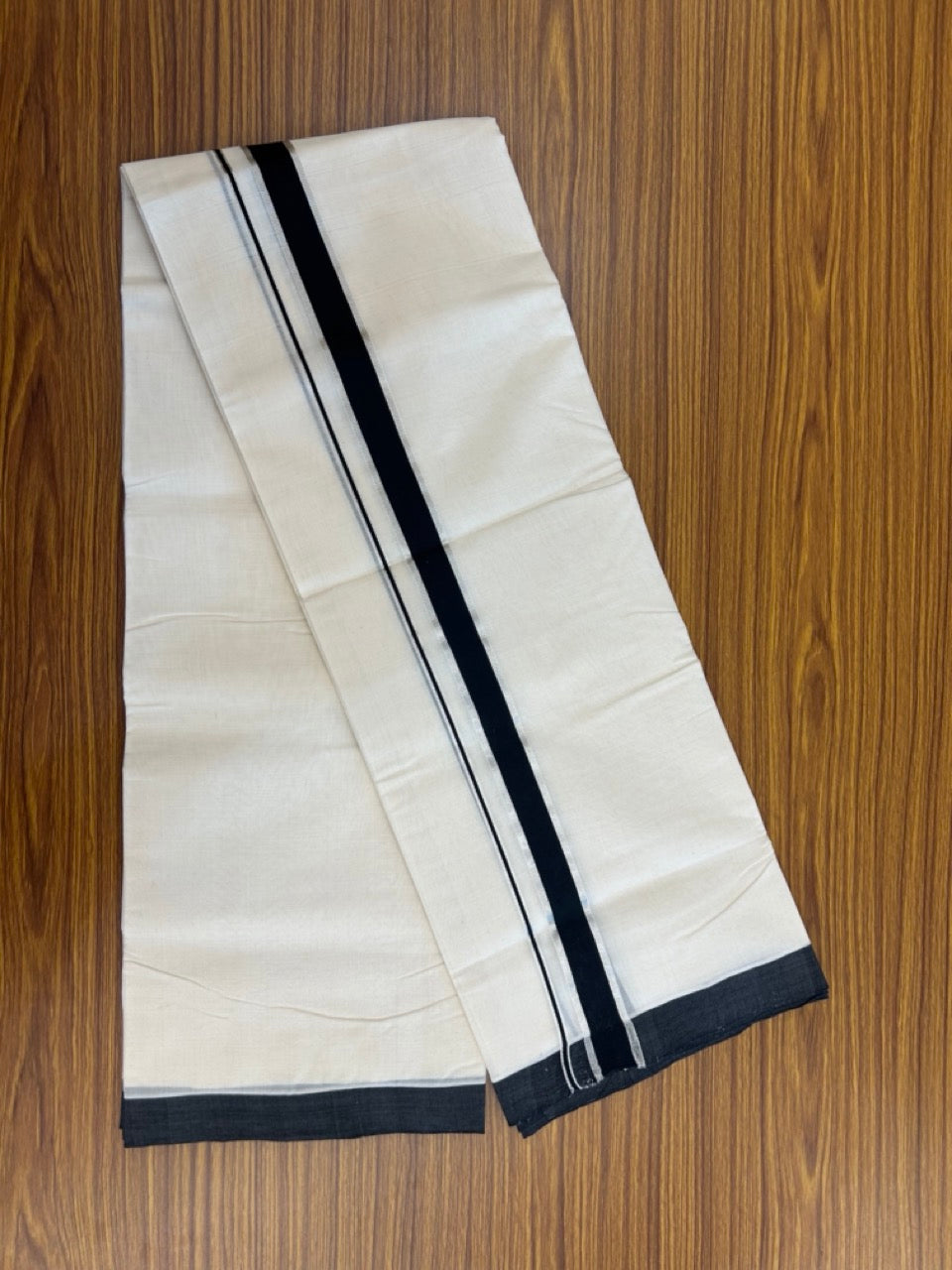 25% Discount! KaithariKada Handloom Millpaav Balaramapuram - Cotton Double Mundu/Dhoti Off white (Unbleached) - 80x90 - 1.25 inch Silver Kasav & Black Kara 3.60 meter (8 Muzham) - 84 KK5256 RAM
