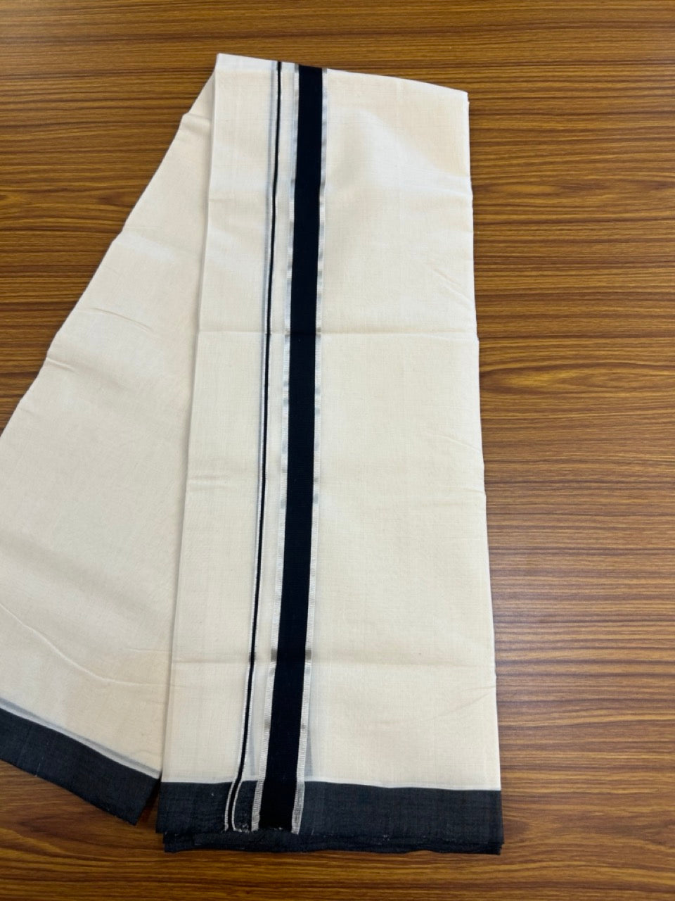 25% Discount! KaithariKada Handloom Millpaav Balaramapuram - Cotton Double Mundu/Dhoti Off white (Unbleached) - 80x90 - 1.25 inch Silver Kasav & Black Kara 3.60 meter (8 Muzham) - 84 KK5256 RAM