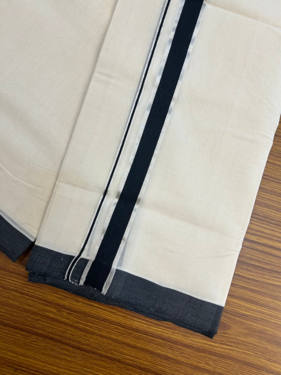25% Discount! KaithariKada Handloom Millpaav Balaramapuram - Cotton Double Mundu/Dhoti Off white (Unbleached) - 80x90 - 1.25 inch Silver Kasav & Black Kara 3.60 meter (8 Muzham) - 84 KK5256 RAM