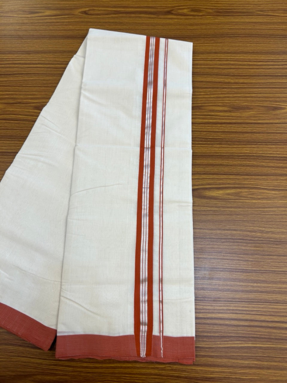 25% Discount! KaithariKada Handloom Millpaav Balaramapuram - Cotton Double Mundu/Dhoti Off white (Unbleached) - 80x90 - 1.25 inch Silver Kasav & Brick Orange striped Kara 3.60 meter (8 Muzham) - 64 KK5256 RAM
