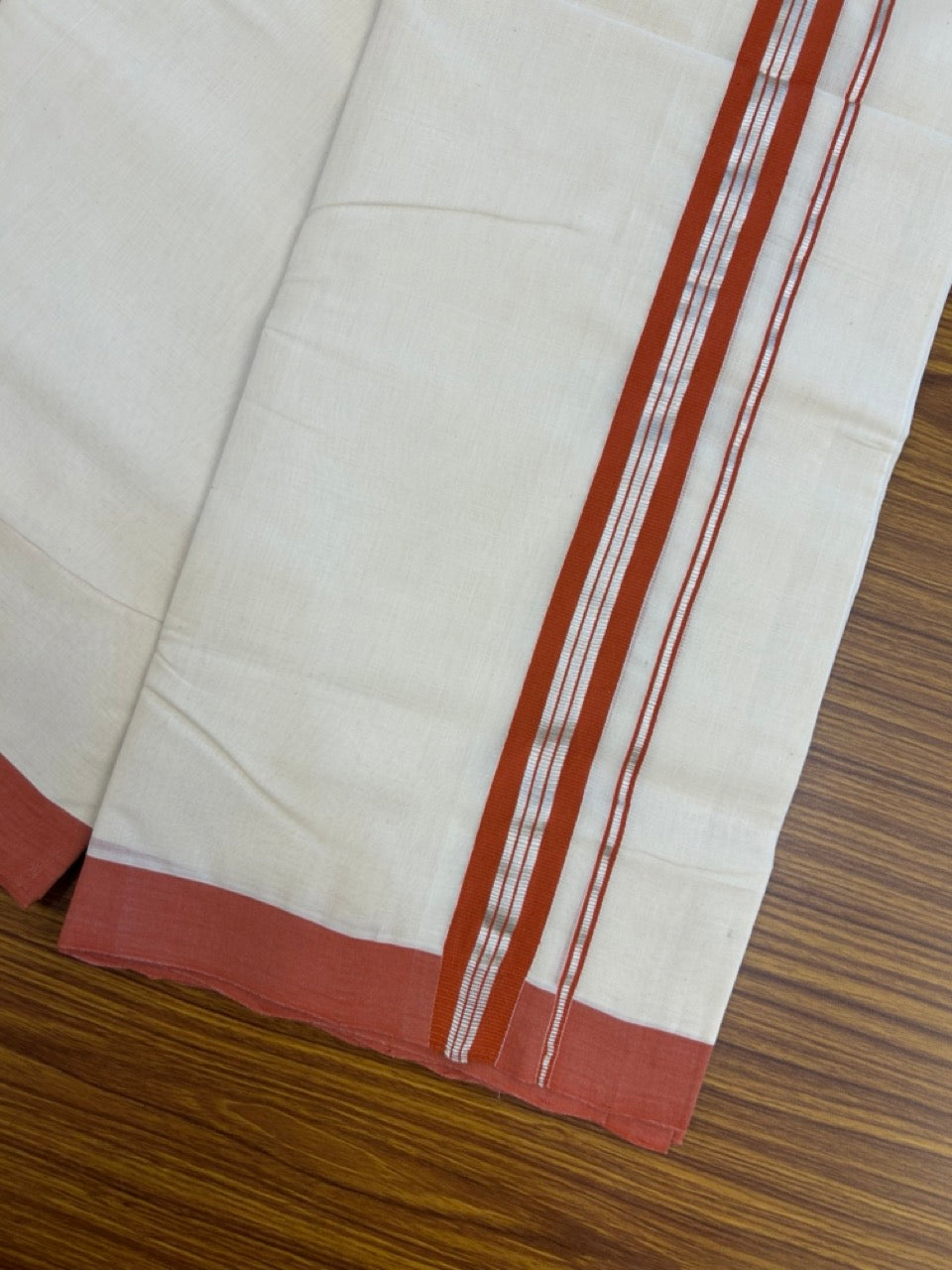 25% Discount! KaithariKada Handloom Millpaav Balaramapuram - Cotton Double Mundu/Dhoti Off white (Unbleached) - 80x90 - 1.25 inch Silver Kasav & Brick Orange striped Kara 3.60 meter (8 Muzham) - 64 KK5256 RAM