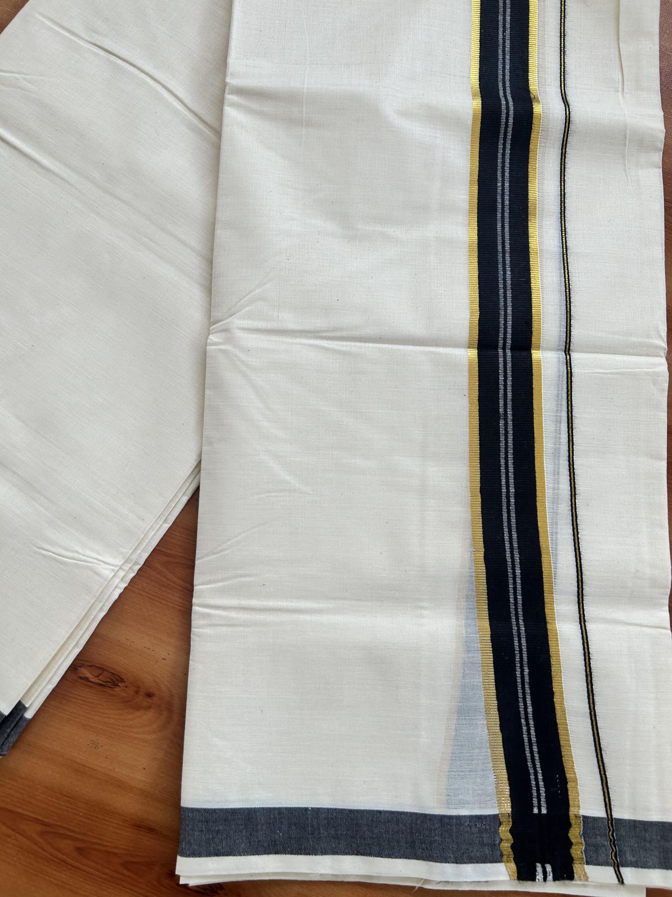 Double Off White - (Unbleached) Mundu/Dhoti - 20% Discount! KaithariKada Balaramapuram Pure Cotton - 60s - 1.25 inch Gold Kasav & Black Striped Kara - 4 mtr (8.5 Muzham) - 3 KK5416 GAN
