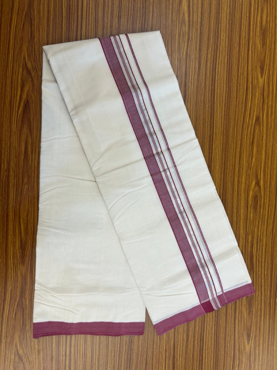 25% Discount! KaithariKada Handloom Millpaav Balaramapuram - Cotton Double Mundu/Dhoti Off white (Unbleached) - 80x90 - 1.75 inch Silver Kasav striped Wine Purple shaded Kara 3.60 meter (8 Muzham) - 80 KK5256 RAM