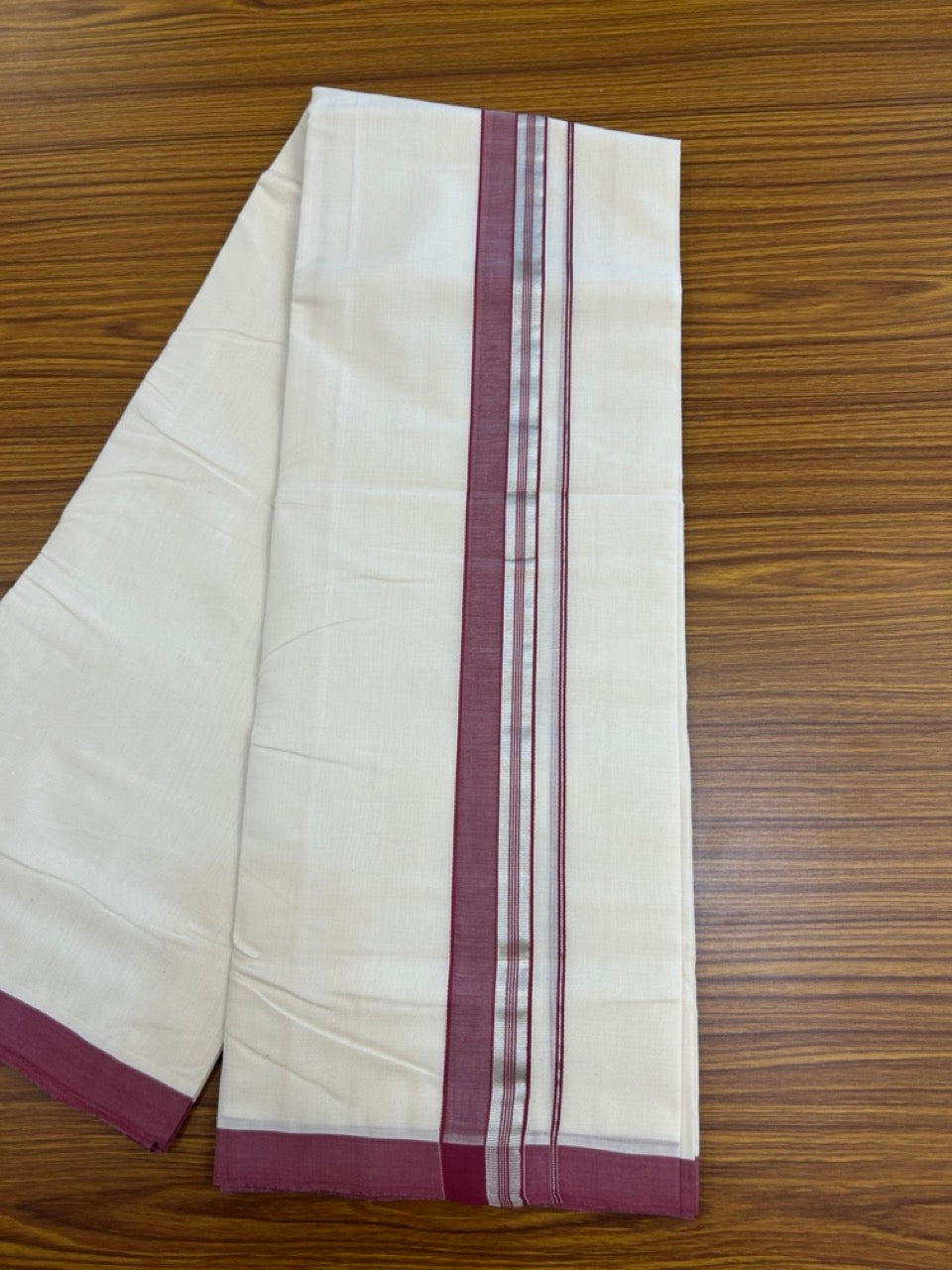 25% Discount! KaithariKada Handloom Millpaav Balaramapuram - Cotton Double Mundu/Dhoti Off white (Unbleached) - 80x90 - 1.75 inch Silver Kasav striped Wine Purple shaded Kara 3.60 meter (8 Muzham) - 80 KK5256 RAM