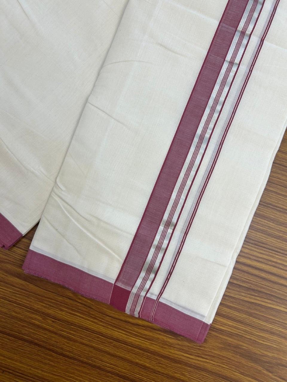 25% Discount! KaithariKada Handloom Millpaav Balaramapuram - Cotton Double Mundu/Dhoti Off white (Unbleached) - 80x90 - 1.75 inch Silver Kasav striped Wine Purple shaded Kara 3.60 meter (8 Muzham) - 80 KK5256 RAM