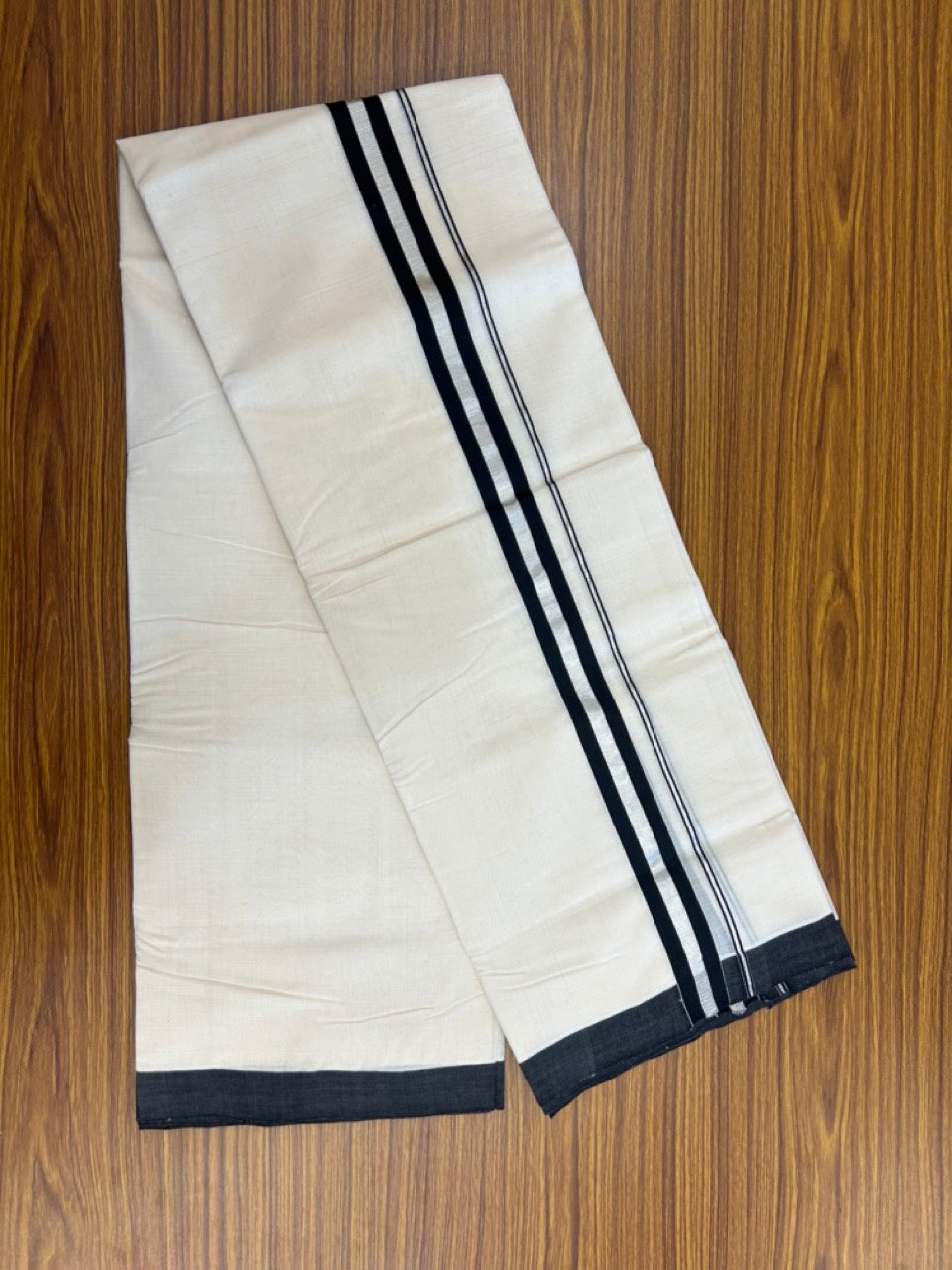 25% Discount! KaithariKada Handloom Millpaav Balaramapuram - Cotton Double Mundu/Dhoti Off white (Unbleached) - 80x90 - 1.25 inch Silver Kasav & Black Kara 4 meter (8.5 Muzham) - 85 KK5256 RAM