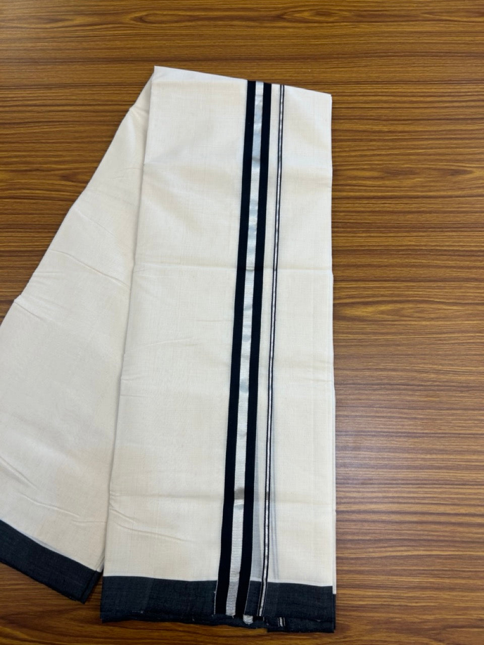 25% Discount! KaithariKada Handloom Millpaav Balaramapuram - Cotton Double Mundu/Dhoti Off white (Unbleached) - 80x90 - 1.25 inch Silver Kasav & Black Kara 4 meter (8.5 Muzham) - 85 KK5256 RAM