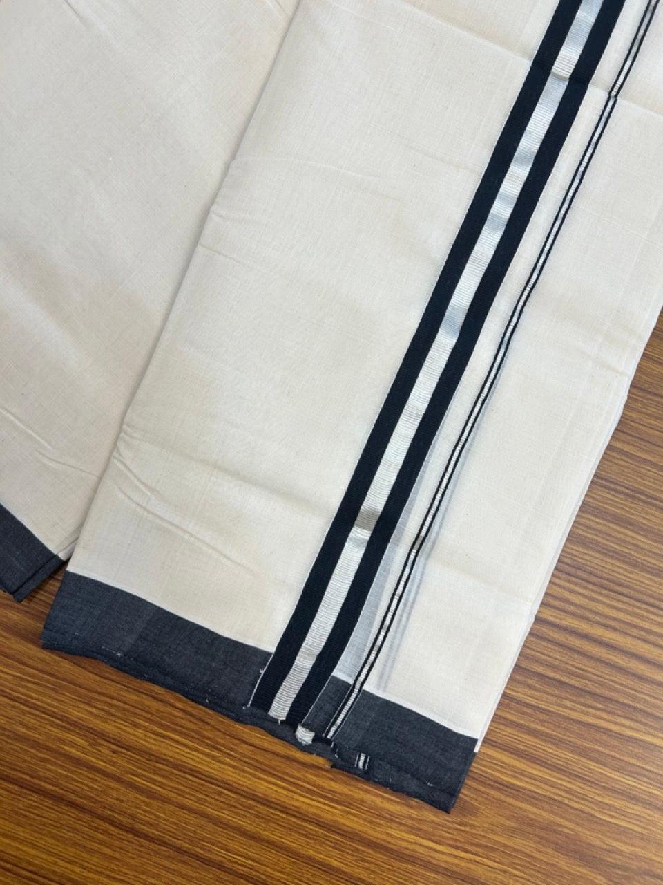 25% Discount! KaithariKada Handloom Millpaav Balaramapuram - Cotton Double Mundu/Dhoti Off white (Unbleached) - 80x90 - 1.25 inch Silver Kasav & Black Kara 4 meter (8.5 Muzham) - 85 KK5256 RAM
