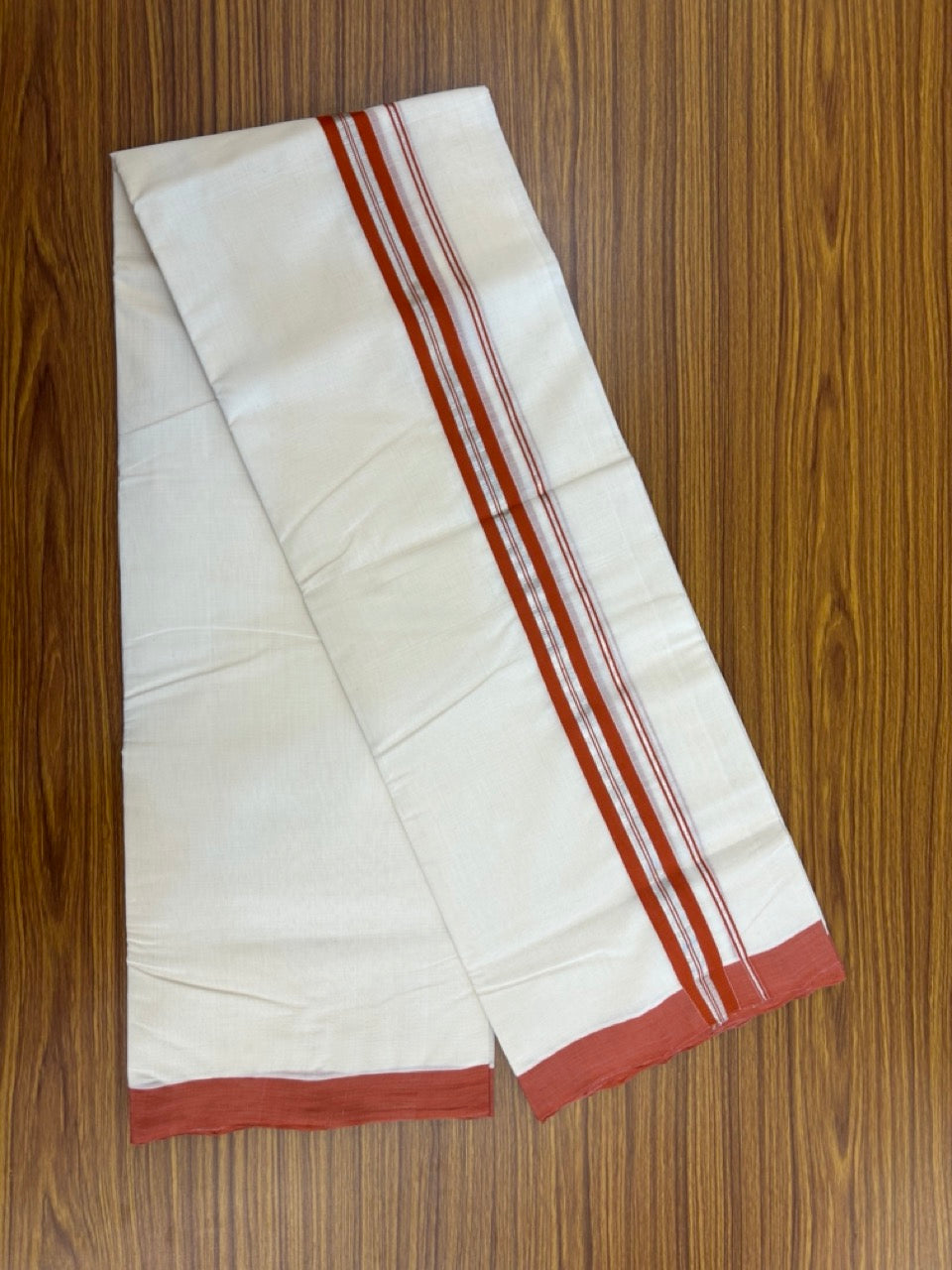 25% Discount! KaithariKada Handloom Millpaav Balaramapuram - Cotton Double Mundu/Dhoti Off white (Unbleached) - 80x90 - 1 inch Silver Kasav & Brick Orange striped Kara 3.60 meter (8 Muzham) - 63 KK5256 RAM