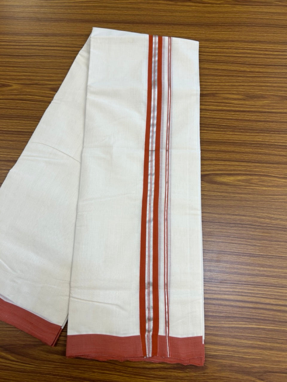 25% Discount! KaithariKada Handloom Millpaav Balaramapuram - Cotton Double Mundu/Dhoti Off white (Unbleached) - 80x90 - 1 inch Silver Kasav & Brick Orange striped Kara 3.60 meter (8 Muzham) - 63 KK5256 RAM